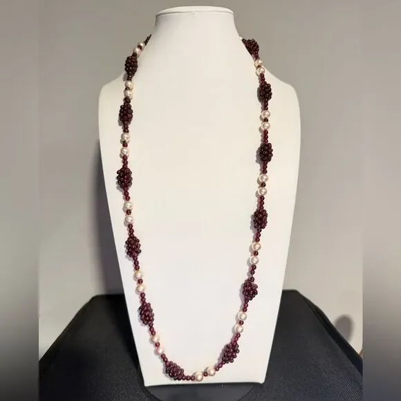 30" Slip over Vintage GARNET "grape" cluster and faux pearl necklace! - Picture 9 of 13